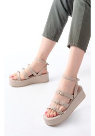 Resim 861-1222 Bej Tokalı Bilekten Bağlamalı Dolgu Kadın Sandalet Bej 