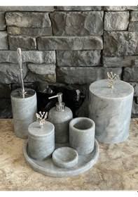 Resim Gri Polen Stone Mermer Japon Gülü Gümüş Aksesuarlı 7'li Banyo Seti Beyaz 