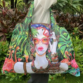 Resim Yağlı Boya Tarzı Yüksek Kaliteli Katlanabilir Kadın Alışveriş Çantası - Canlı Tropikal Flamingo ve Yaprak Desenli, Makinede Yıkanabilir Büyük Kalın Naylon Seyahat, Plaj ve Market Çantası - Moda Tasarım 