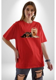 Resim Yorkshire Teacup Ve Anne Köpek Pamuklu Bisiklet Yaka Unisex Oversize Boyfriend Dijital Baskılı Kırmızı T-shirt Kırmızı 