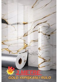 Resim 60cm X 3 Metre Tek Parça Yapışkanlı Rulo Gold Mermer Desenli Duvar Paneli Kağıdı Silinebilir Tjjc Altın - Beyaz 