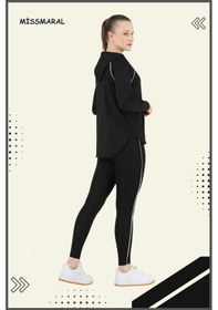 Resim Kadın Eşofman Takım Siyah Üst Tunik & Siyah Regular Fit Lycralı Tayt Dalgıç Kumaş Aktif Spor 3060 Siyah Beyaz Şeritli 