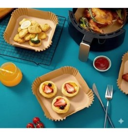 Resim Esmo Home 50 Adet Airfryer Pişirme Kağıdı - Kare Tek Kullanımlık Yanmaz Yapışmaz Kağıt - 16 cm Hava Fritözü Kağıdı - Yağ Geçirmez Gıda Sınıfı Fırın ve Airfryer Aksesuarları 