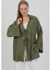 Resim Doğal Viskon Kumaş Cepli Bağcıklı Kadın Kimono 1167 Hafif, Dökümlü, Akışkan, Yazlık Model Haki 