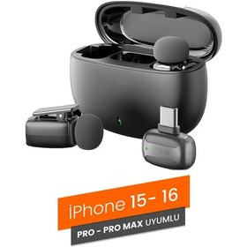 Resim Plentiful Profesyonel Kablosuz Yaka Mikrofonu Apple Uyumlu iPhone 15/16 2 Mikrofonlu Type-c 1072 Siyah 