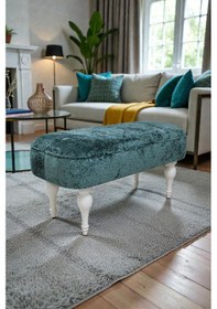 Resim Dikdörtgen Puf Callısto İthal Kadife Kumaş Beyaz Ahşap Ayaklı Modern Tasarım Turkuaz 