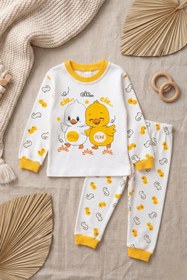 Resim DYZSTAR Civciv Desenli Pamuklu Çocuk Pijama Takımı Unisex Rahat Kalıp Sarı Beyaz 