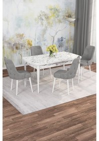 Resim Mona Beyaz Mermer 80x132 Açılabilir Mdf Masa Yemek Odası Takımı, Mutfak Takımı 4 Adet Sandalye Beyaz Mermer - 4 Gri - Beyaz Ayak 