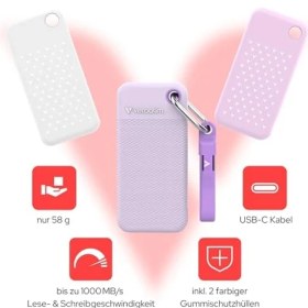 Resim Verbatim Pocket SSD 2 Tb, Harici SSD USB 3.2 Gen 2, 1000 Mb/s'ye Kadar Okuma ve Yazma, Harici Sabit Sürücü Dahil. 2 Lastik Kılıf (Beyaz ve Mor), Pc, Mac ve Konsol Için, Mor 