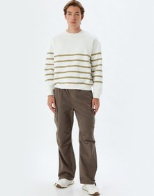 Resim Koton Oversize Sweatshirt Bisiklet Yaka Çizgili Pamuk Karışımlı Bej Çizgili 5wam70105mk Ekru 