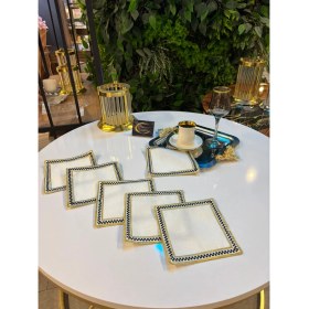 Resim Kokteyl Peçetesi,gold Siyah Ekose Desenli Nakışlı Kare Kahve Tepsisi Peçeteliği,6'lı Sunumluk Peçete 