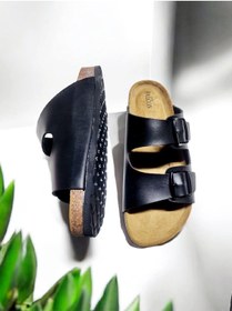 Resim Erkek Çift Toka Ayarlanabilir Falson Mantar Taban Ev Ve Dışarı Terliği Siyah 