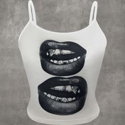 Resim Y2K ilhamlı Lip Print Tank Top - Siyah Polyester, Askılı, Örgü Kumaş, Tüm Mevsim Modası, Lip Grafik Tasarımı, Rahat Giyim|Çağrışıklı Lip Grafik|Örgü Yapı, Lip Grafik Üst 