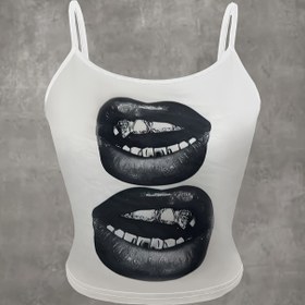 Resim Y2K ilhamlı Lip Print Tank Top - Siyah Polyester, Askılı, Örgü Kumaş, Tüm Mevsim Modası, Lip Grafik Tasarımı, Rahat Giyim|Çağrışıklı Lip Grafik|Örgü Yapı, Lip Grafik Üst 
