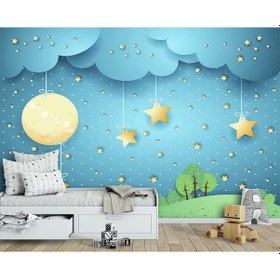 Resim 3D Bulutlar Ve Gökyüzünde Asılı Yıldızlar Duvar Kağıdı 