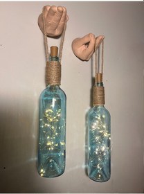 Resim El Figürlü Duvar Lambası Pilli Led Işıklı Dekoratif Mavi Boyalı Cam Şişe Aydınlatma Vintage El Y Mavi 