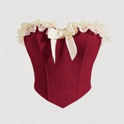 Resim Kadınlar İçin Kırmızı Dantel Detaylı Omuzsuz Camisole Üst, Ön Fiyonklu ve Kare Eşarp Askılı - Yüksüz Sütyenli Bel Kesim, Şık Yazlık Moda Üst, Akşam Kıyafeti, Zarif İç Giyim, Orta Esneklik, Gündelik Şıklık, Kadın Tarzı, Yumuşak Kumaş, Trend Kıyafet 