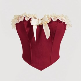 Resim Kadınlar İçin Kırmızı Dantel Detaylı Omuzsuz Camisole Üst, Ön Fiyonklu ve Kare Eşarp Askılı - Yüksüz Sütyenli Bel Kesim, Şık Yazlık Moda Üst, Akşam Kıyafeti, Zarif İç Giyim, Orta Esneklik, Gündelik Şıklık, Kadın Tarzı, Yumuşak Kumaş, Trend Kıyafet 