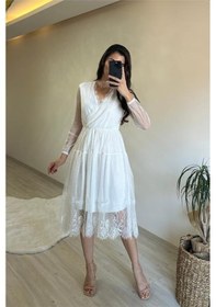 Resim Neşeli Butik Kadın Kruvaze Yaka Dantelli Tül Elbise Nm010 Beyaz 