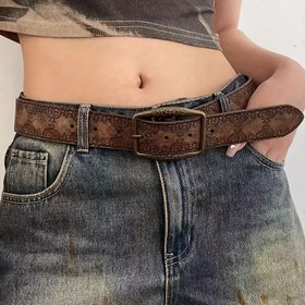 Resim Kadınlar İçin Vintage Kabartmalı Çiçekli Kemer - Geniş Kahverengi Dekoratif Tokalı Jeans, Kıyafet ve Parti Kullanımı için Retro Batı Tarzı Çok Amaçlı Aksesuar 