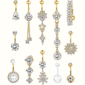 Resim 12 adet veya 1 adet Şık Lüks Mikro-Set Kalp Şeklinde Çiçek Desenli Sentetik Zirkonya Uzun Kolye Göbek Düğmesi Yüzük Kadınlar Vücut Piercing Takı Seti, Göbek Düğmesi Takıları 