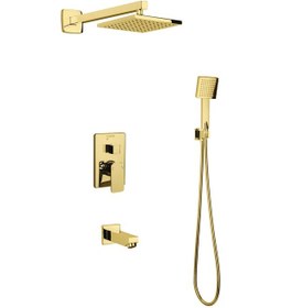 Resim Ankastre 3 Yönlü Kare Duş Seti 200x200 Mm Paslanmaz Pirinç Gold Altın 