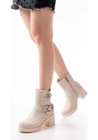 Resim 5109-3028 Bej Toka Aksesuarlı Fermuarlı Topuklu Günlük Kadın Bot Çok Renkli 