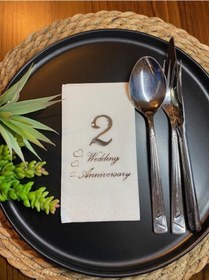 Resim Gümüş Yaldızlı Beyaz İkinci Evlilik Yıldönümü Garson Katlama Peçete 16 Lı 