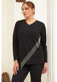 Resim Ön Zincir Aksesuarlı Büyük Beden Siyah Bluz Siyah 