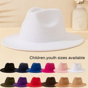 Resim 1 adet Gençlerin Renkli Düz Kenarlı Felt Şapka, Batı Cowboy Fedora Stili Jazz Fedora Günlük Dış Aktiviteler, Tatil, Parti Giyim, Dopamin Ebeveyn-Gençler Eşleşen Kıyafet ile Güçlendirilmiş Şapka ve Sarma Filmi 