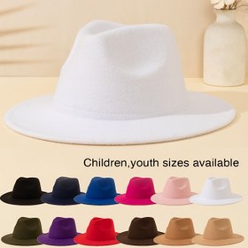 Resim 1 adet Gençlerin Renkli Düz Kenarlı Felt Şapka, Batı Cowboy Fedora Stili Jazz Fedora Günlük Dış Aktiviteler, Tatil, Parti Giyim, Dopamin Ebeveyn-Gençler Eşleşen Kıyafet ile Güçlendirilmiş Şapka ve Sarma Filmi 