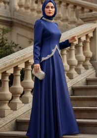 Resim N.S NEVA STYLE Saten Koyu İndigo Mavisi Tesettür Abiye Elbise 5459KIM 