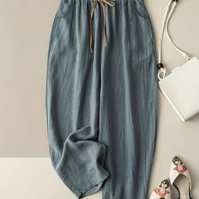 Resim Kadınlar için Japon Esintili Viskon Rayon Geniş Paça Pantolon - Elastik Bel ve İpli, Düz Bacak Tasarımı ile Bahar Yaz Sonbahar İçin Gevşek Kesim Drape Pantolonlar, Makinede Yıkanabilir Günlük Ofis Giyimi, Dayanıklı Yapı 