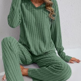 Resim Sonbahar ve Kış Basit Uzun Kollu Uzun Pantolon Düz Renk Rahat ve Şık Kadın Ev Giyimi Takımı 