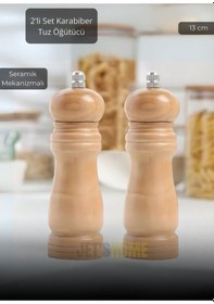 Resim 2 Li Set Karabiber Değirmeni Tuz Değirmeni Kalınlık Ayarlı Baharat Öğütücü Seramik Bıçaklı 13 Cm Ahşap 