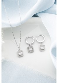 Resim Çekirdekjewelry 925 Ayar Gümüş Baget Taşlı Kolye Küpe Seti Gri 