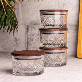 Resim Snippy Milla 4'lü Ahşap Vakumlu Kapaklı Cam Kahvaltılık Çok Amaçlı Cam Çerezlik 230 ml 