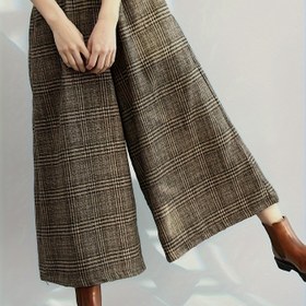 Resim 1 adet Cepli Vintage Stil Kadın Geniş Paça Pantolon, Polyester Kare Desenli, İlkbahar/Sonbahar İçin Rahat Bol Kesim Pantolon 