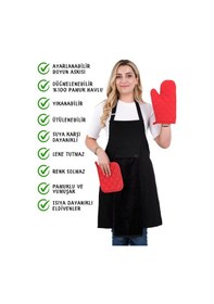 Resim Star Ayar Askılı Havlulu 4lü Mutfak Önlüğü Seti Eldiven Tutacak Siyah-siyah-kırmızı 