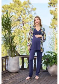 Resim Monamise 25054 Lacivert 3 lü Hamile Lohusa Pijama Sabahlık Takım 