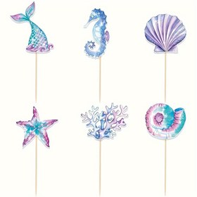 Resim 6/12/24 adet, Denizkızı Doğum Günü Partisi Süslemeleri Pasta Üstleri, Cupcake Topper, Yeniden Kullanılabilir Denizkızı Kuyruğu Mutlu Yıllar Tatlı Pastası Üstü, Pasta Dekor Malzemeleri, Pişirme Dekor Malzemeleri, Parti Dekor Malzemeleri 