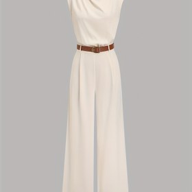 Resim Şık Yüksek Boyunlu Düz Renkli Ruched Jumpsuit Beli Sıkılaştırıcı ile - Günlük Seyahatler için Şık, Çok Yönlü ve Zarif Retro Stil 