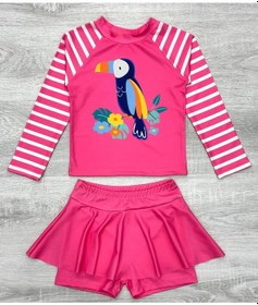 Resim Lolliboomkids Kız Çocuk Beyaz Pembe Renk Şanslı Tukan Kuşu Baskılı Uzun Kollu Tayt Etekli 2 Parça Mayo / Bikini Takımı Tukan Çok Renkli 