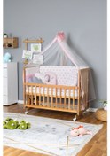 Resim Ahşap Beşik Anne Yanı Beşik Vernikli 70x130 - Pembe Yıldız 3 Yastıklı Uyku Seti+yataklı+tekerlekli Ahşap 