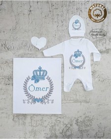 Resim yzc home size dair... E116 Bt Isme Özel Isimli Baskılı Bebek Battaniye Tulum Şapka Eldiven Set Hastane Çıkışı 