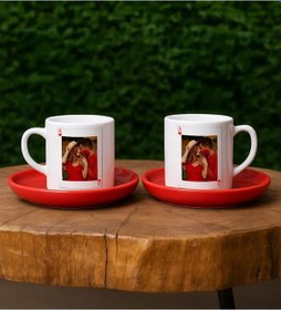 Resim Bk Gift Kişiye Özel Aşkımızın Ası Fotoğraflı İskambil Tasarımlı 2li Kırmızı Tabaklı Türk Kahvesi Fincan Takımı-1, Sevgiliye Hediye, Arkadaşa Hediye, E 