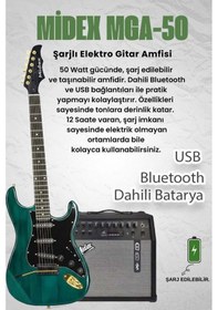 Resim Midex Glc-40gr-50amp Elektro Gitar Seti 50 Watt Şarjlı Bt Amfi Kulaklık Ve Full Set 