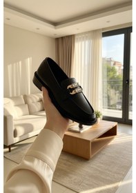Resim Enoch Kadın Baget Kesim Kristal Taşlı Gold Tokalı Klasik Loafer Siyah 