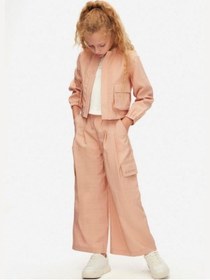 Resim Kız Çocuk Pamuklu Bel Lastikli Bol Paça Cepli Pantolon-15563 Pudra 