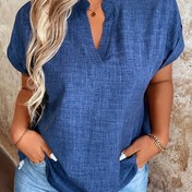 Resim Kadınlar için Şık Çentikli V-Yaka Batwing Kollu Bluz - İlkbahar/Yaz için Hafif Nefes Alabilir Düz Renk Üst, Makinede Yıkanabilir Günlükten Şık Gömleğe, Minimalist Moda, Pürüzsüz Dokulu Kumaş 